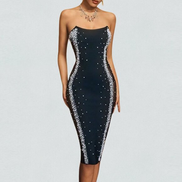 Glamorous Pearl Embellished Black Bandage Midi Dress - Picture 2 of 9